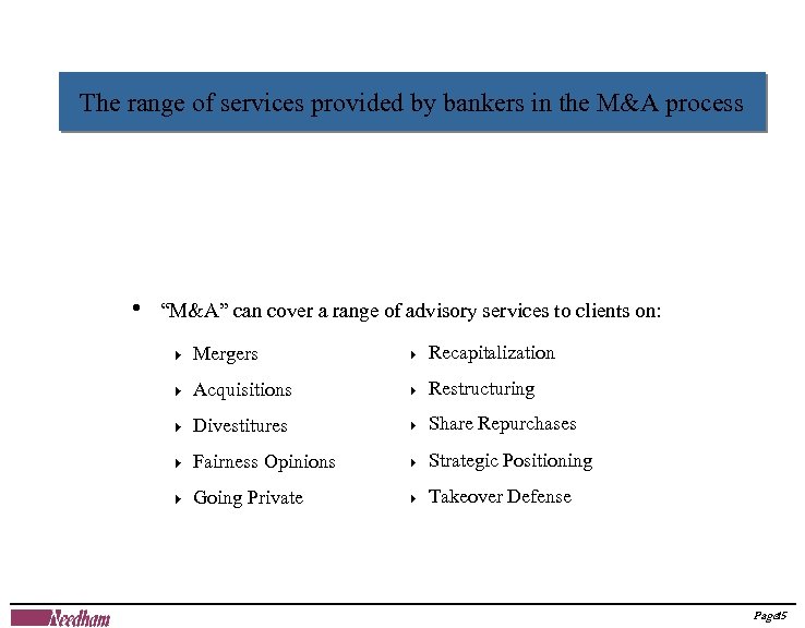 The range of services provided by bankers in the M&A process • “M&A” can