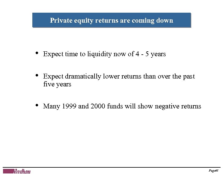 Private equity returns are coming down • Expect time to liquidity now of 4