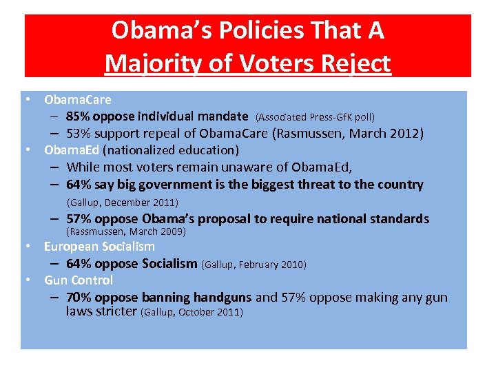 Obama’s Policies That A Majority of Voters Reject • Obama. Care – 85% oppose