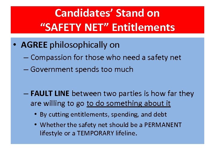 Candidates’ Stand on “SAFETY NET” Entitlements • AGREE philosophically on – Compassion for those