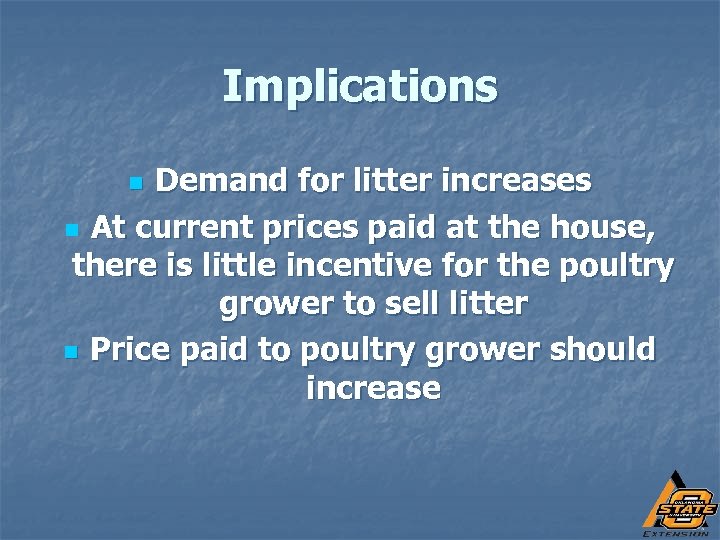 Implications Demand for litter increases n At current prices paid at the house, there