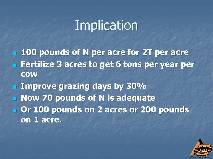 Implication n n 100 pounds of N per acre for 2 T per acre