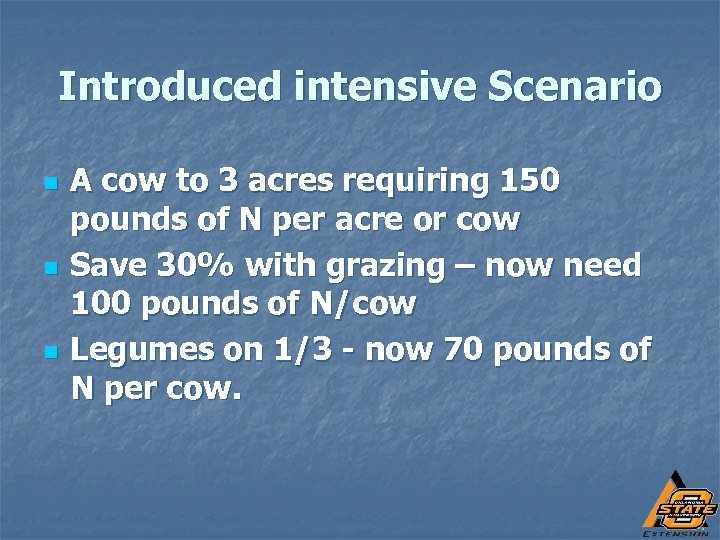 Introduced intensive Scenario n n n A cow to 3 acres requiring 150 pounds
