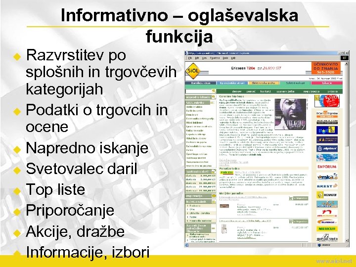 Informativno – oglaševalska funkcija Razvrstitev po splošnih in trgovčevih kategorijah u Podatki o trgovcih