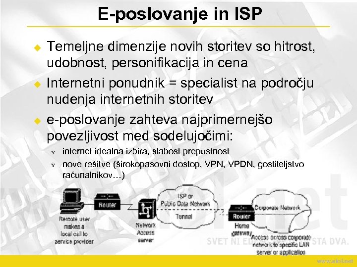 E-poslovanje in ISP u u u Temeljne dimenzije novih storitev so hitrost, udobnost, personifikacija