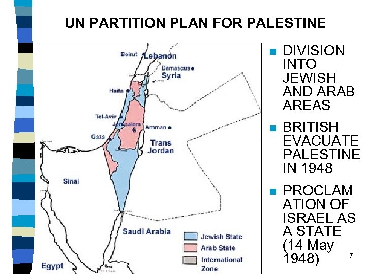 UN PARTITION PLAN FOR PALESTINE n DIVISION INTO JEWISH AND ARAB AREAS n BRITISH
