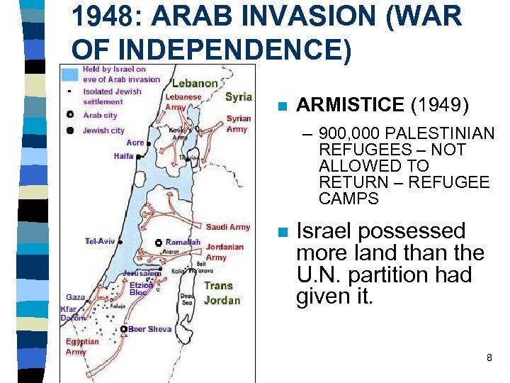 1948: ARAB INVASION (WAR OF INDEPENDENCE) n ARMISTICE (1949) – 900, 000 PALESTINIAN REFUGEES