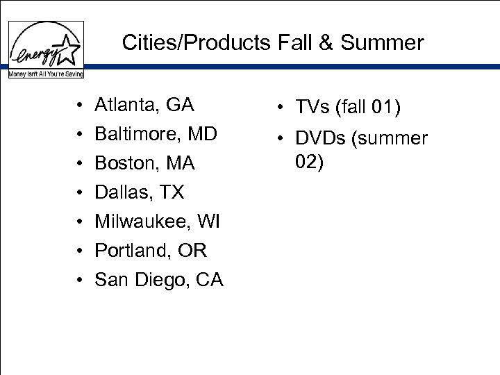 Cities/Products Fall & Summer • • Atlanta, GA • TVs (fall 01) Baltimore, MD