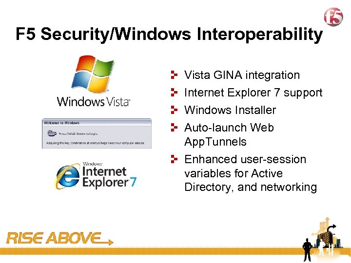 38 F 5 Security/Windows Interoperability Vista GINA integration Internet Explorer 7 support Windows Installer