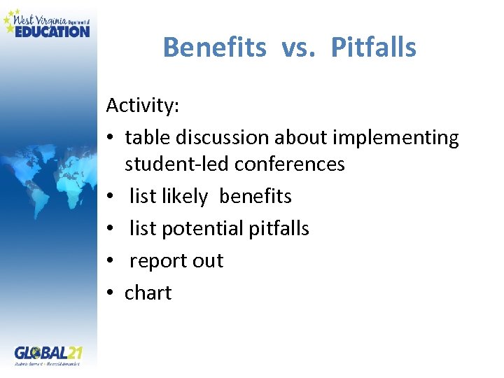 Benefits vs. Pitfalls Activity: • table discussion about implementing student-led conferences • list likely