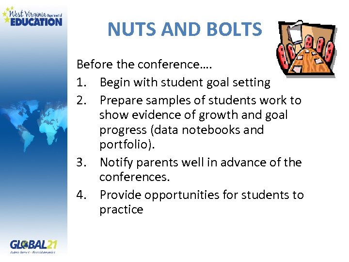 NUTS AND BOLTS Before the conference…. 1. Begin with student goal setting 2. Prepare