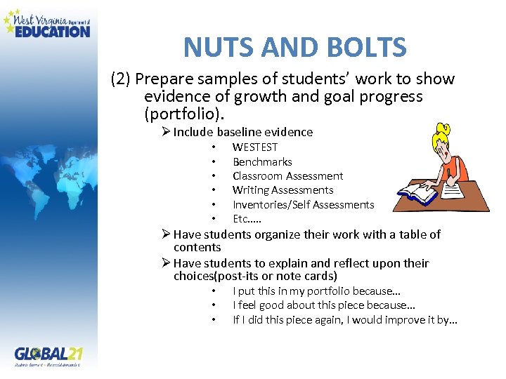 NUTS AND BOLTS (2) Prepare samples of students’ work to show evidence of growth