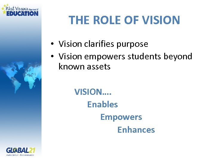 THE ROLE OF VISION • Vision clarifies purpose • Vision empowers students beyond known