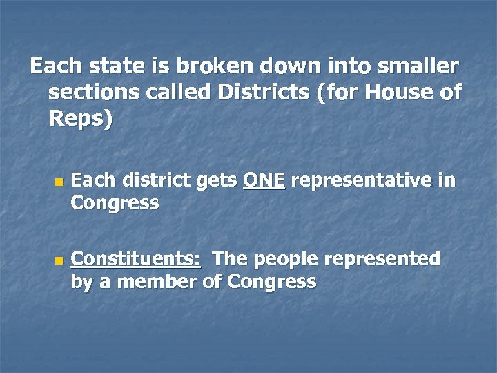 Each state is broken down into smaller sections called Districts (for House of Reps)