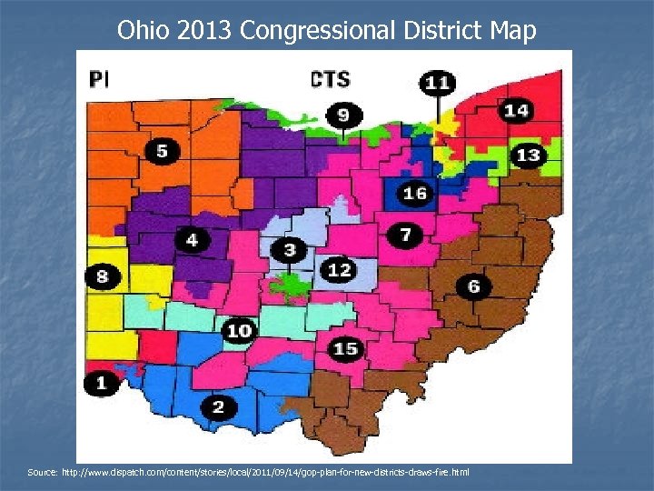 Ohio 2013 Congressional District Map Source: http: //www. dispatch. com/content/stories/local/2011/09/14/gop-plan-for-new-districts-draws-fire. html 