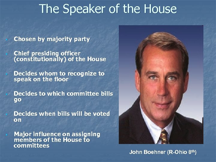 The Speaker of the House Chosen by majority party Chief presiding officer (constitutionally) of