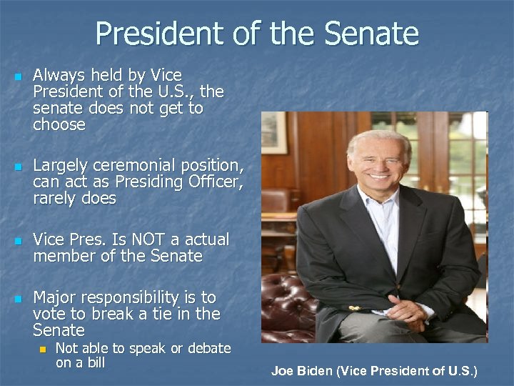 President of the Senate n n Always held by Vice President of the U.