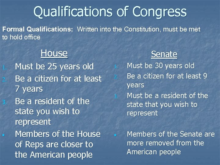 Qualifications of Congress Formal Qualifications: Written into the Constitution, must be met to hold