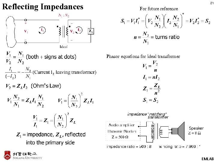 Reflecting Impedances 21 For future reference Phasor equations for ideal transformer EMLAB 