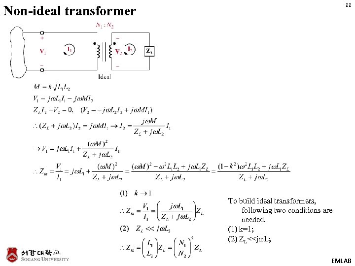 22 Non-ideal transformer To build ideal transformers, following two conditions are needed. (1) k=1;