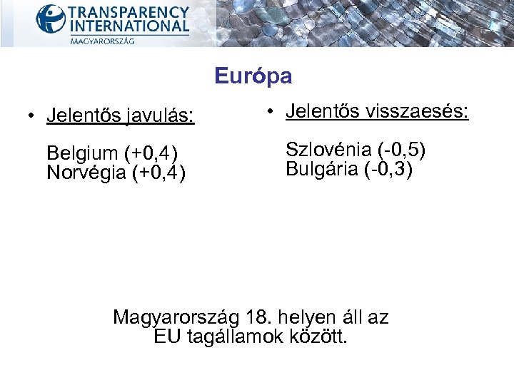 Európa • Jelentős javulás: Belgium (+0, 4) Norvégia (+0, 4) • Jelentős visszaesés: Szlovénia