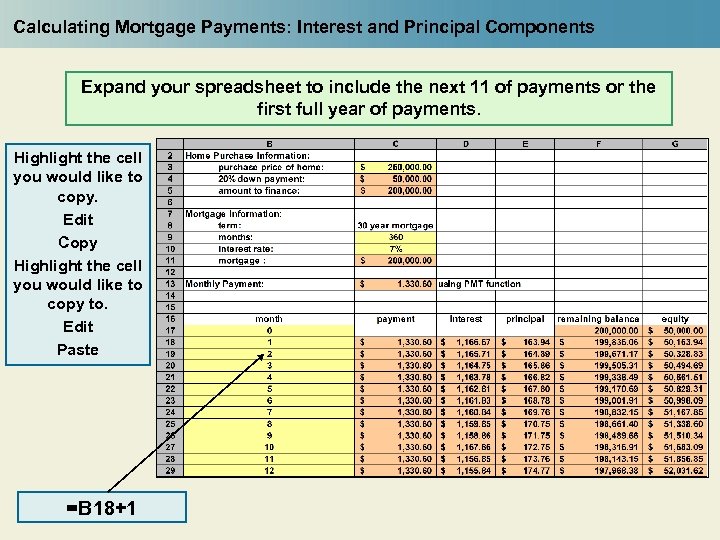 Calculating Mortgage Payments: Interest and Principal Components Expand your spreadsheet to include the next