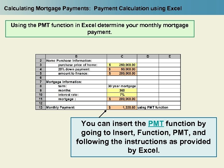 Calculating Mortgage Payments: Payment Calculation using Excel Using the PMT function in Excel determine