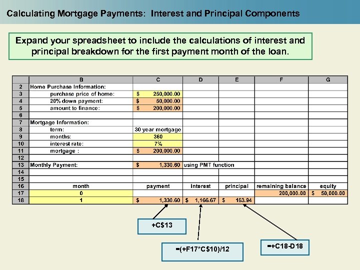 Calculating Mortgage Payments: Interest and Principal Components Expand your spreadsheet to include the calculations