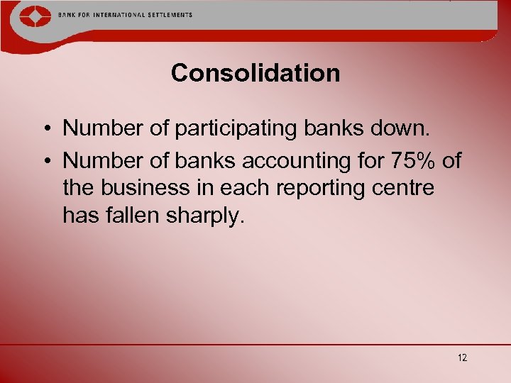 Consolidation • Number of participating banks down. • Number of banks accounting for 75%
