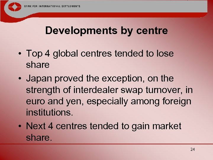 Developments by centre • Top 4 global centres tended to lose share • Japan