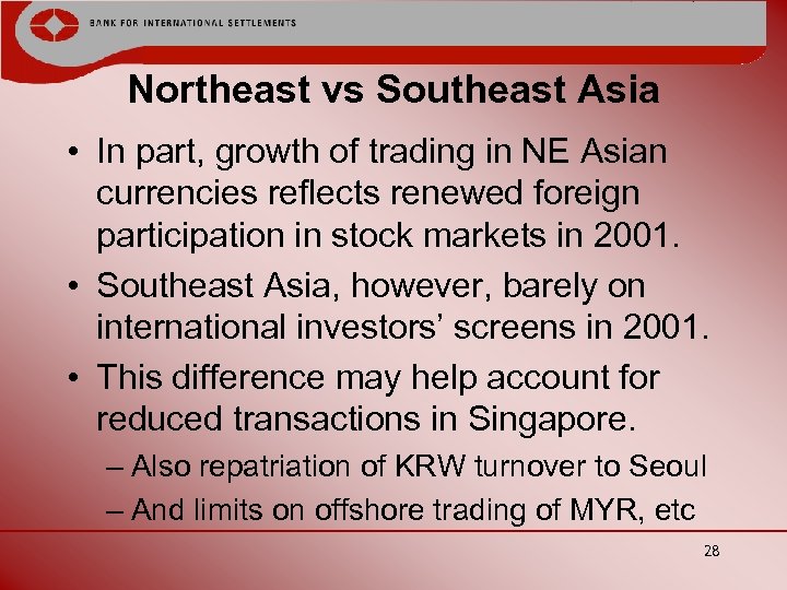 Northeast vs Southeast Asia • In part, growth of trading in NE Asian currencies