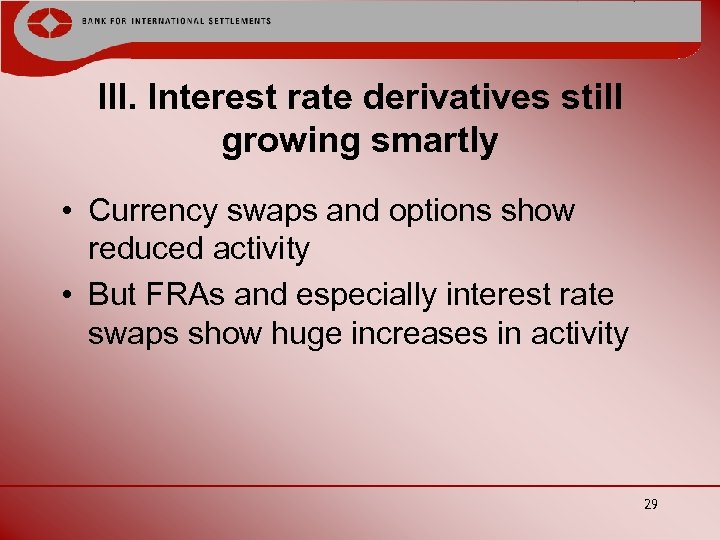 III. Interest rate derivatives still growing smartly • Currency swaps and options show reduced