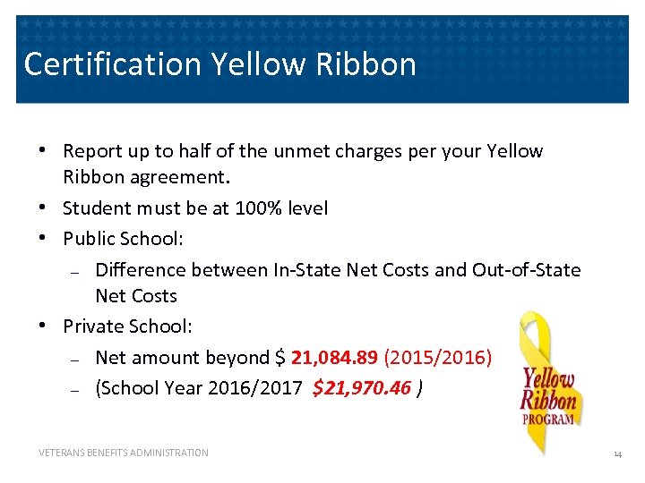 Certification Yellow Ribbon • Report up to half of the unmet charges per your