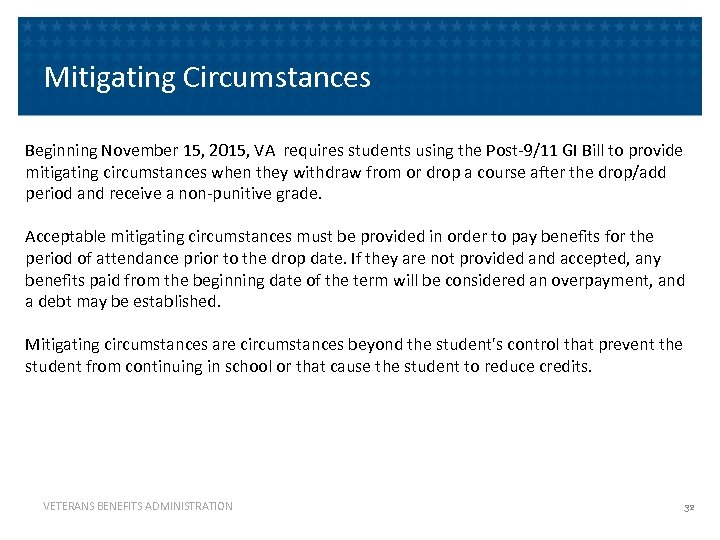 Mitigating Circumstances Beginning November 15, 2015, VA requires students using the Post-9/11 GI Bill