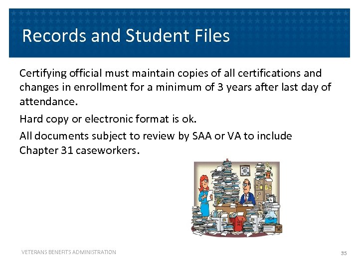 Records and Student Files Certifying official must maintain copies of all certifications and changes