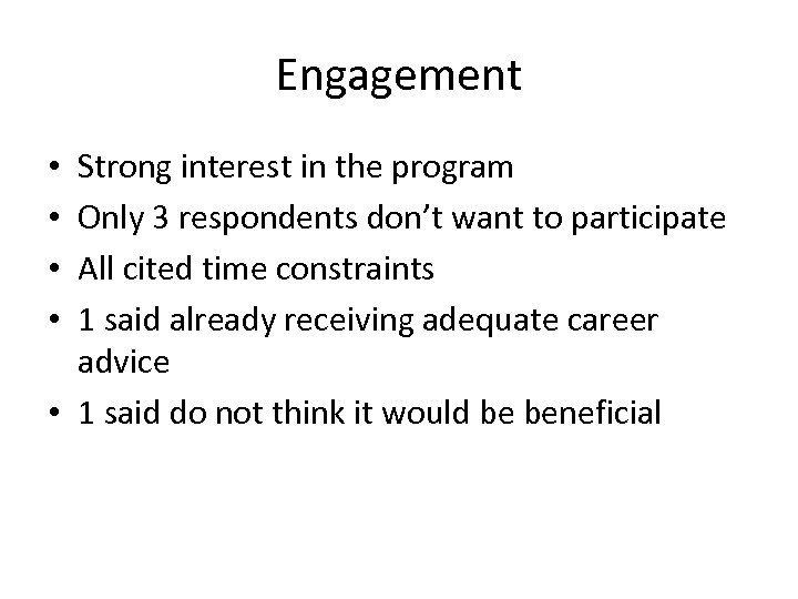 Engagement Strong interest in the program Only 3 respondents don’t want to participate All