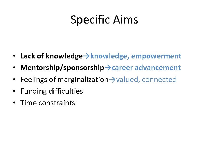 Specific Aims • • • Lack of knowledge→knowledge, empowerment Mentorship/sponsorship→career advancement Feelings of marginalization→valued,