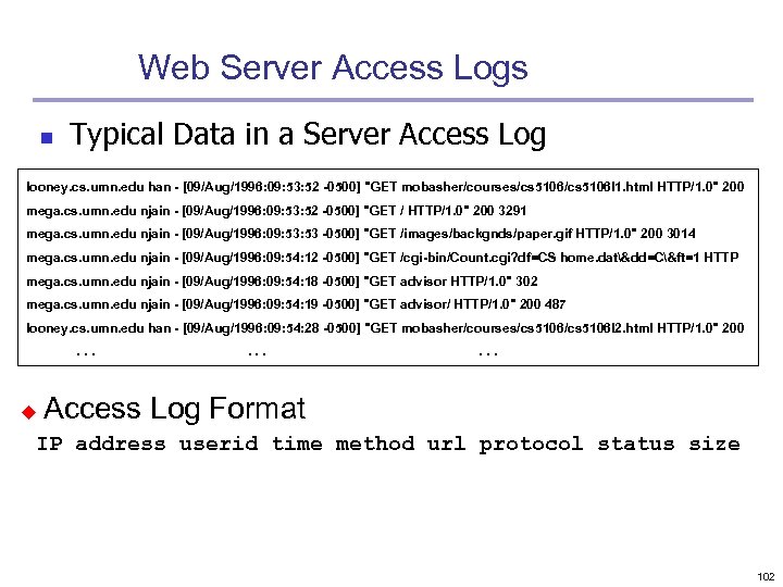 Web Server Access Logs n Typical Data in a Server Access Log looney. cs.