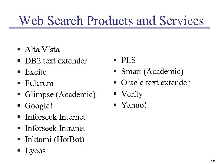 Web Search Products and Services § § § § § Alta Vista DB 2