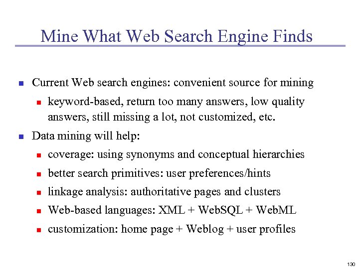 Mine What Web Search Engine Finds n Current Web search engines: convenient source for