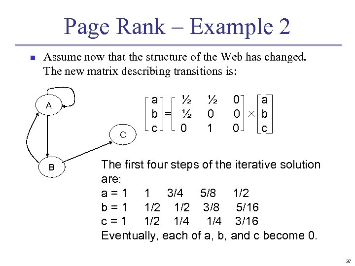 Page Rank – Example 2 n Assume now that the structure of the Web