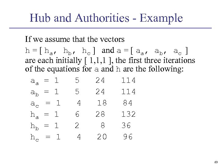 Hub and Authorities - Example If we assume that the vectors h = [