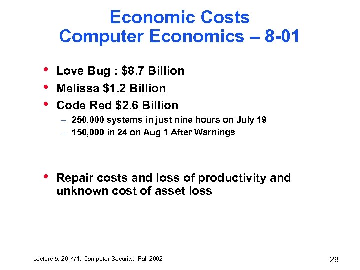 Economic Costs Computer Economics – 8 -01 • • • Love Bug : $8.