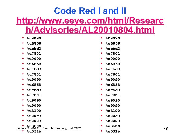 Code Red I and II http: //www. eeye. com/html/Researc h/Advisories/AL 20010804. html • %u