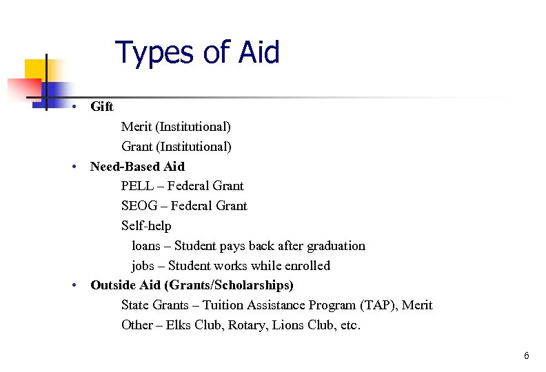 Types of Aid • Gift Merit (Institutional) Grant (Institutional) • Need-Based Aid PELL –