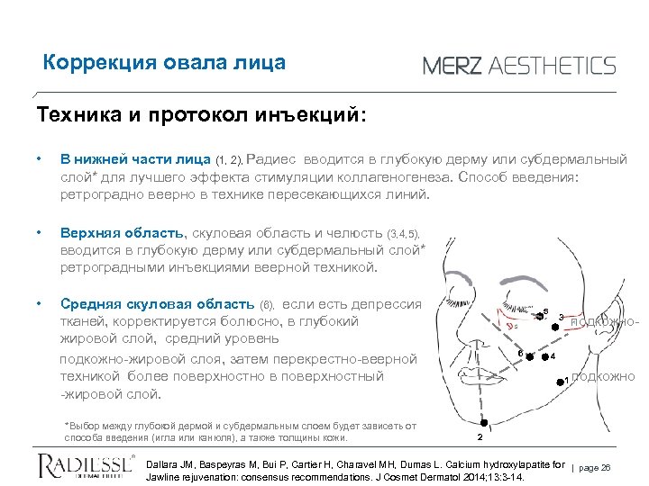 Коррекция овала лица Техника и протокол инъекций: • В нижней части лица (1, 2),