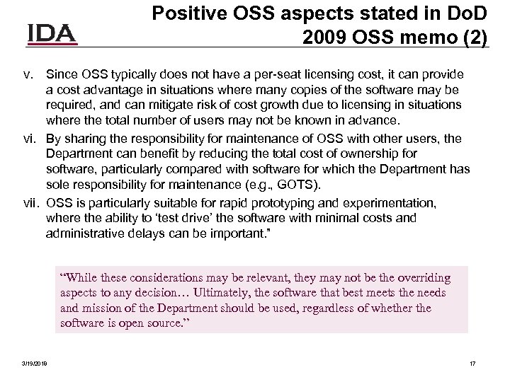 Positive OSS aspects stated in Do. D 2009 OSS memo (2) v. Since OSS