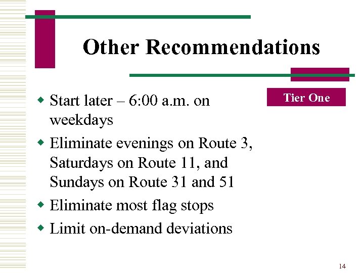 Other Recommendations w Start later – 6: 00 a. m. on weekdays w Eliminate