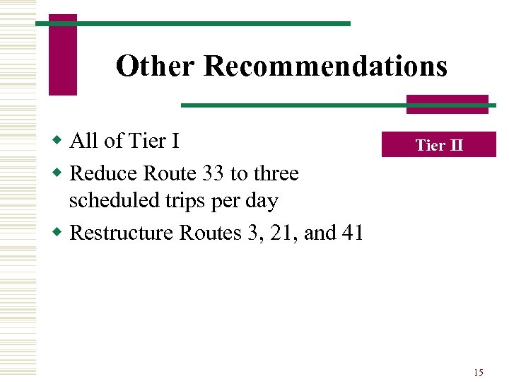 Other Recommendations w All of Tier I w Reduce Route 33 to three scheduled