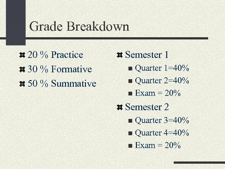 Grade Breakdown 20 % Practice 30 % Formative 50 % Summative Semester 1 Quarter